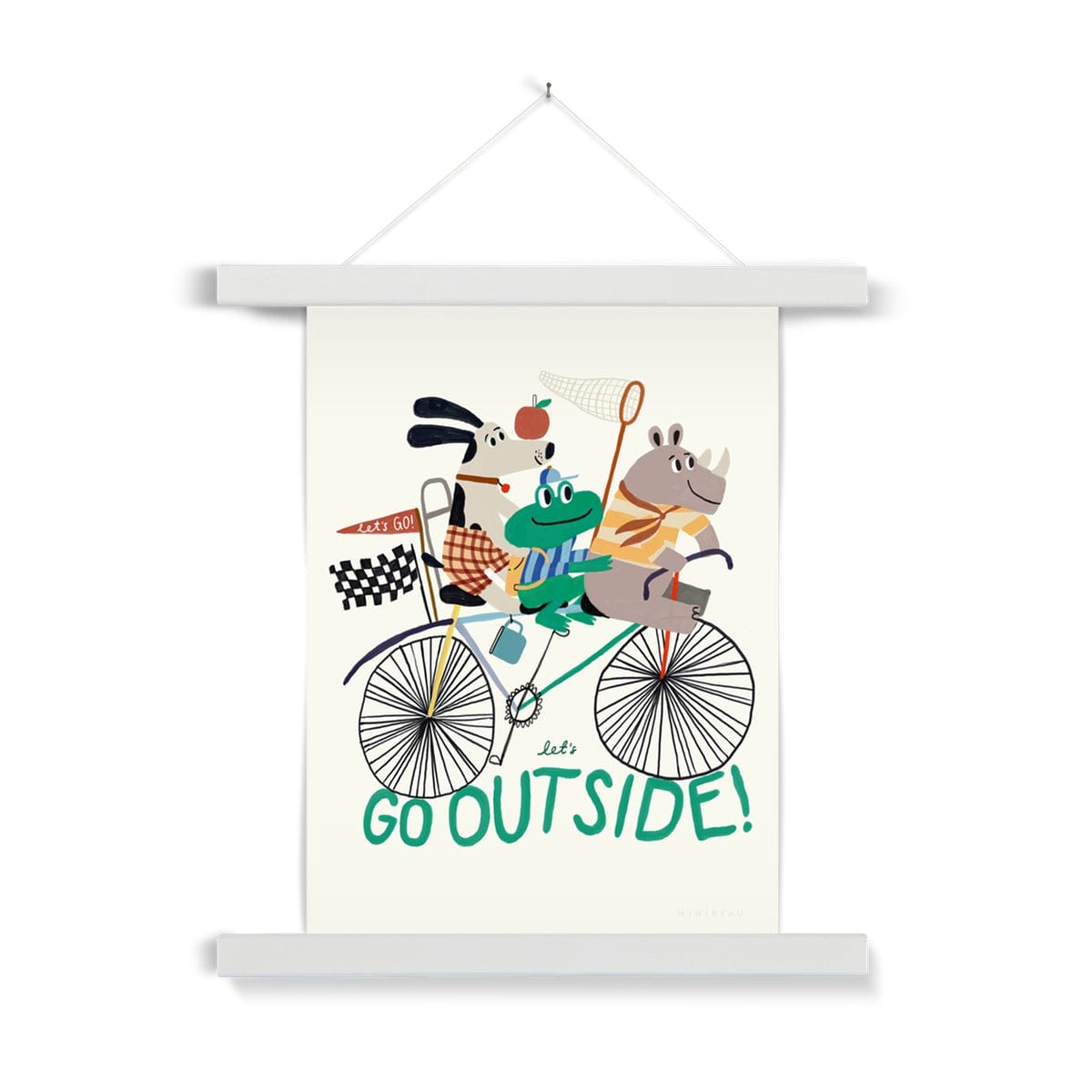 A photo of our let's go outside art print on a white background. Featuring a Rhino in a yellow striped top at the front, a frog in a blue striped top and matching baseball cap holding a net in the middle, and a dog in chequered shorts at the back with a red apple balanced on his nose all on a multi coloured bike above the words let's go outside. On a cream background. In a white wooden hanger