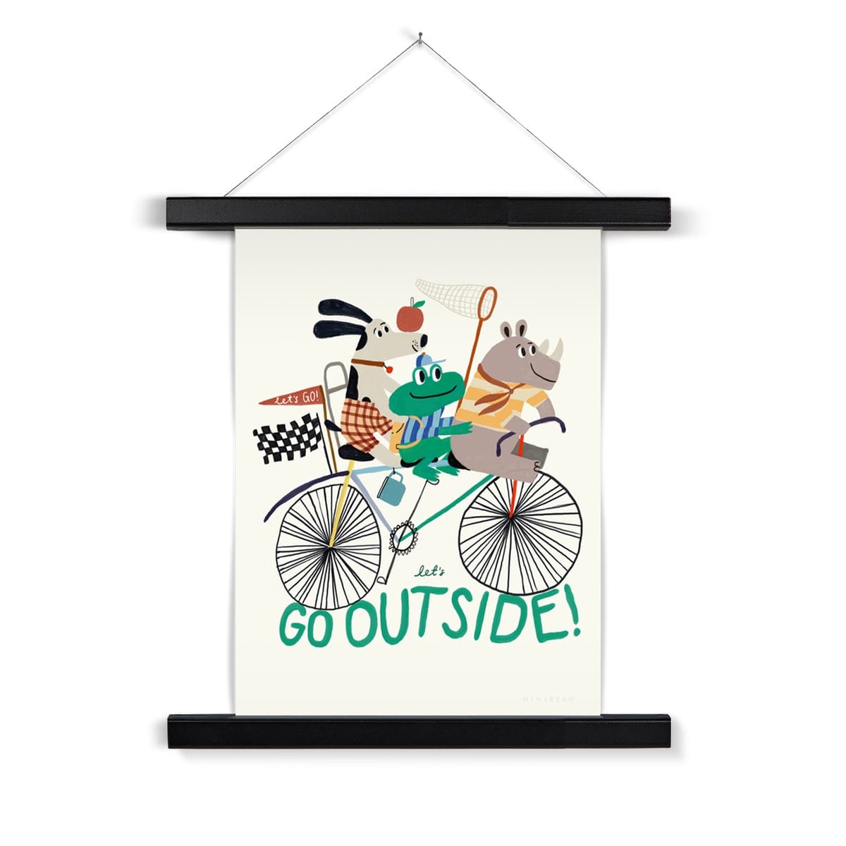 A photo of our let's go outside art print on a white background. Featuring a Rhino in a yellow striped top at the front, a frog in a blue striped top and matching baseball cap holding a net in the middle, and a dog in chequered shorts at the back with a red apple balanced on his nose all on a multi coloured bike above the words let's go outside. On a cream background. In a black wooden hanger