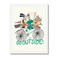 A photo of our let's go outside art print on a white background. Featuring a Rhino in a yellow striped top at the front, a frog in a blue striped top and matching baseball cap holding a net in the middle, and a dog in chequered shorts at the back with a red apple balanced on his nose all on a multi coloured bike above the words let's go outside. On a cream background, In a white wooden frame