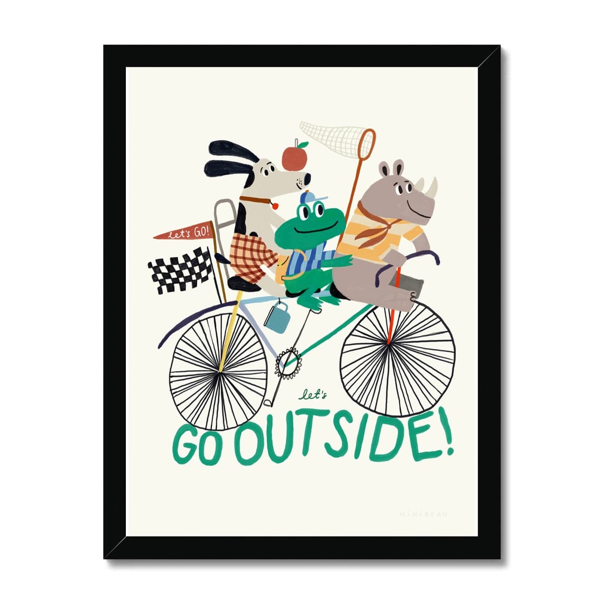 A photo of our let's go outside art print on a white background. Featuring a Rhino in a yellow striped top at the front, a frog in a blue striped top and matching baseball cap holding a net in the middle, and a dog in chequered shorts at the back with a red apple balanced on his nose all on a multi coloured bike above the words let's go outside. On a cream background. In a black wooden frame
