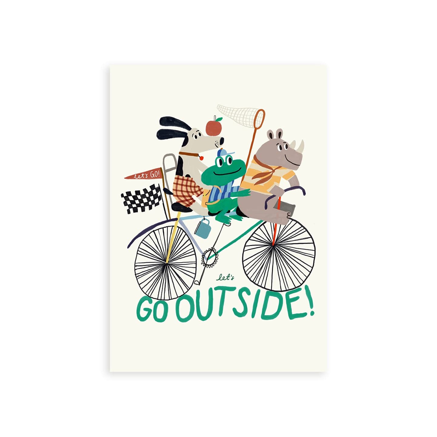 A photo of our let's go outside art print on a white background. Featuring a Rhino in a yellow striped top at the front, a frog in a blue striped top and matching baseball cap holding a net in the middle, and a dog in chequered shorts at the back with a red apple balanced on his nose all on a multi coloured bike above the words let's go outside. On a cream background