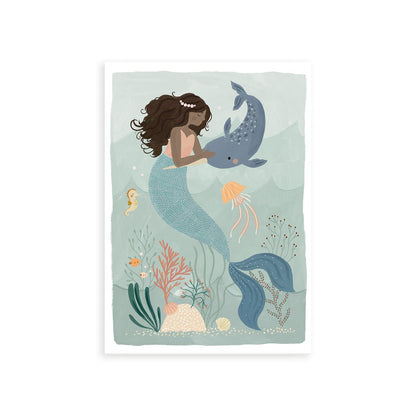 Picture of a hand-painted picture depicting Pearl the Mermaid petting a Narwhal at the bottom of the sea. Coral has dark hair and wears an orange top and her tail is a deep teal. She is wearing a pearl headband. In the background are 2 small angel fish, a sea horse and a jellyfish amongst sea foliage with a white border