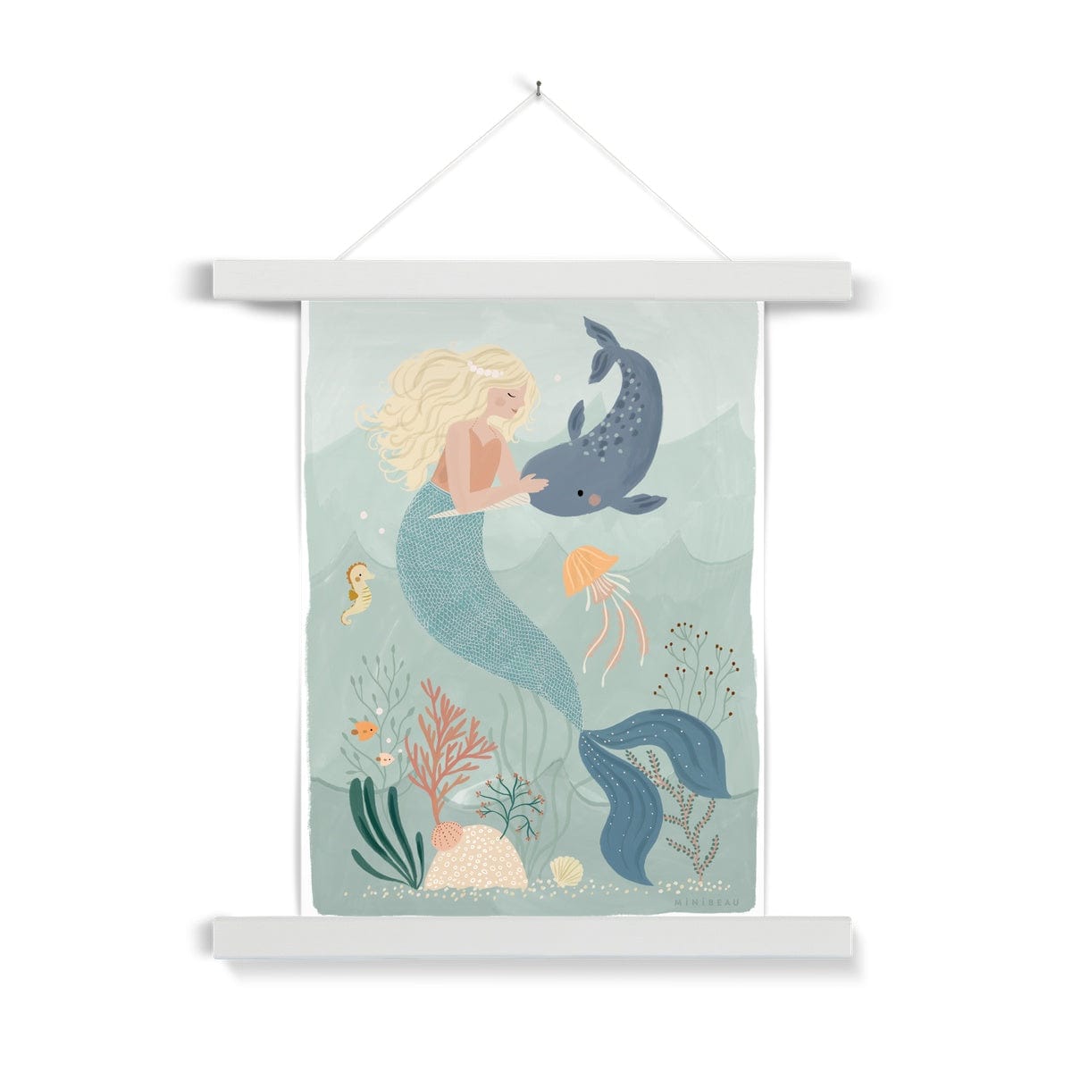 Fine art 6"x8" / Coral / White Hanger Mermaid and the Narwhal Art Print