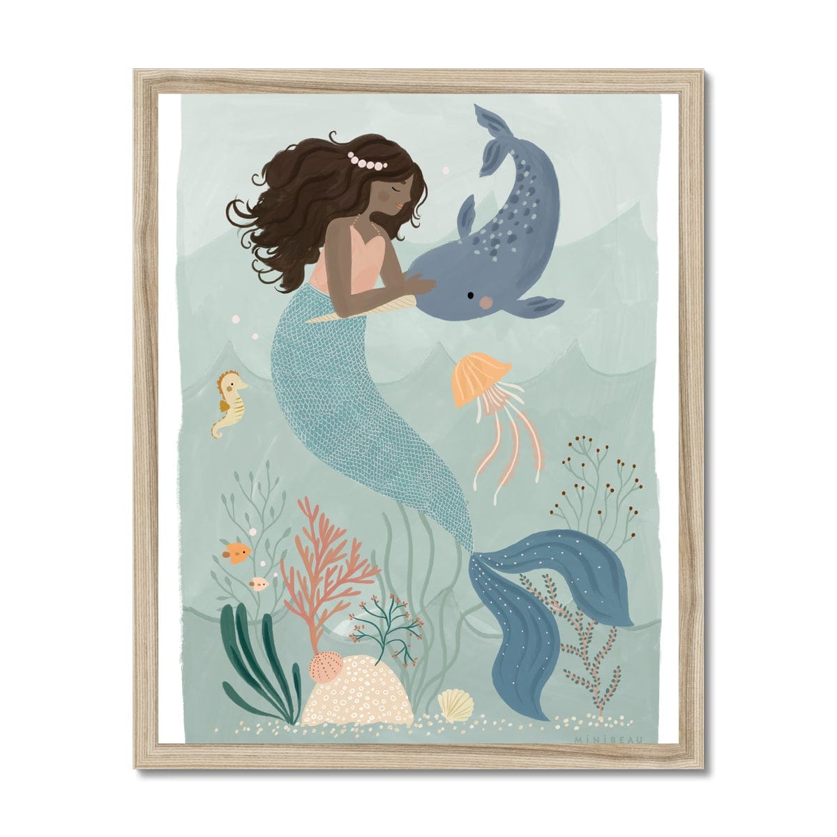 Picture of a hand-painted picture depicting Pearl the Mermaid petting a Narwhal at the bottom of the sea. Coral has dark hair and wears an orange top and her tail is a deep teal. She is wearing a pearl headband. In the background are 2 small angel fish, a sea horse and a jellyfish amongst sea foliage with a white border in a natural wood frame