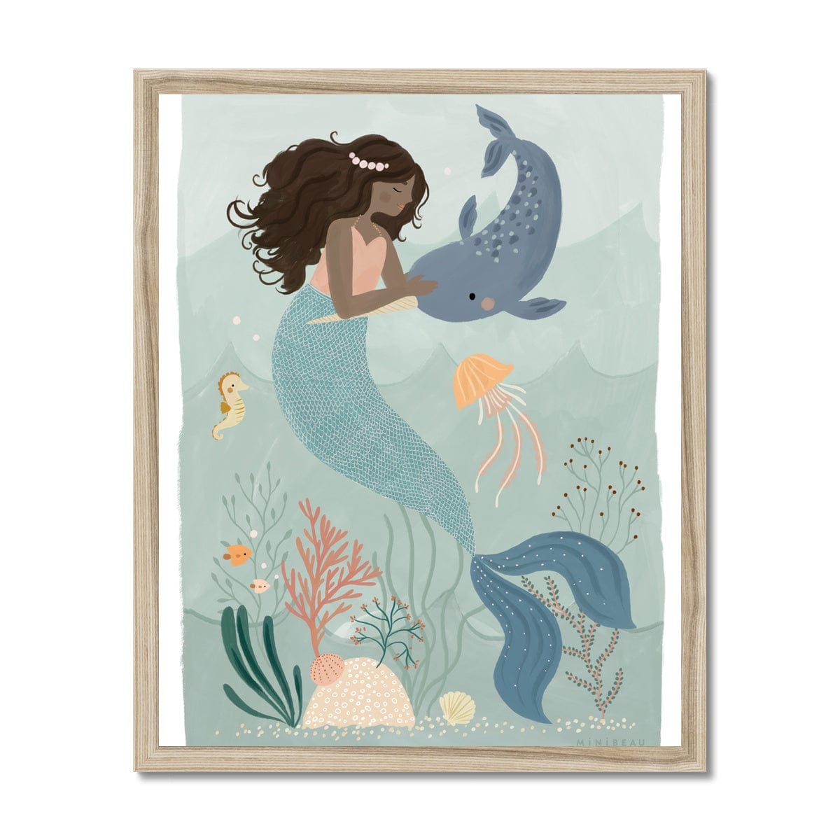 Fine art 6"x8" / Pearl / Natural Frame Mermaid and the Narwhal Art Print