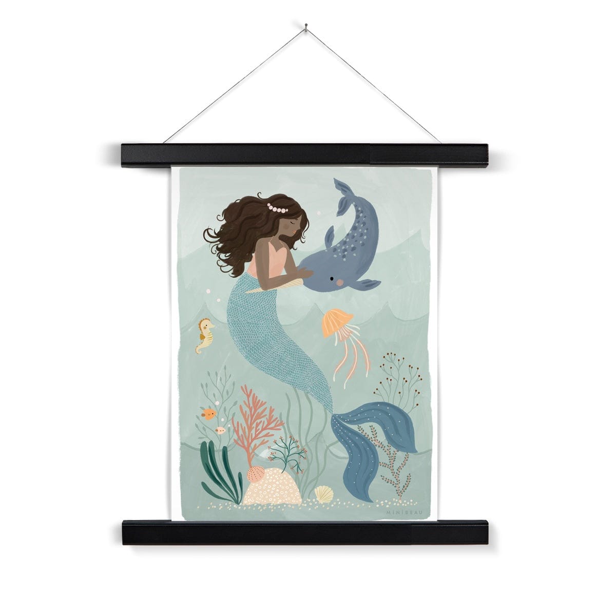 Picture of a hand-painted picture depicting Pearl the Mermaid petting a Narwhal at the bottom of the sea. Coral has dark hair and wears an orange top and her tail is a deep teal. She is wearing a pearl headband. In the background are 2 small angel fish, a sea horse and a jellyfish amongst sea foliage with a white border in a black hanger hanging from a nail