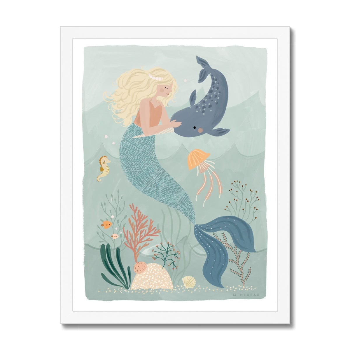 Picture of a hand-painted picture depicting Coral the Mermaid petting a Narwhal at the bottom of the sea. Coral is blonde and wearing an orange top and her tail is a deep teal. She is wearing a pearl headband. In the background are 2 small angel fish, a sea horse and a jellyfish amongst sea foliage with a white border in a white frame