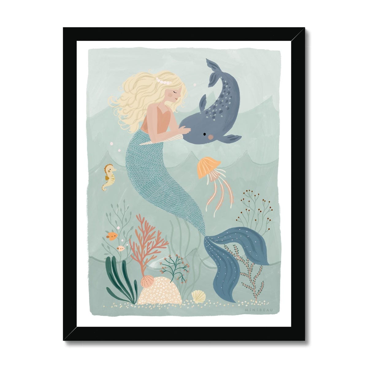 Picture of a hand-painted picture depicting Coral the Mermaid petting a Narwhal at the bottom of the sea. Coral is blonde and wearing an orange top and her tail is a deep teal. She is wearing a pearl headband. In the background are 2 small angel fish, a sea horse and a jellyfish amongst sea foliage, with a white border in a black wooden frame