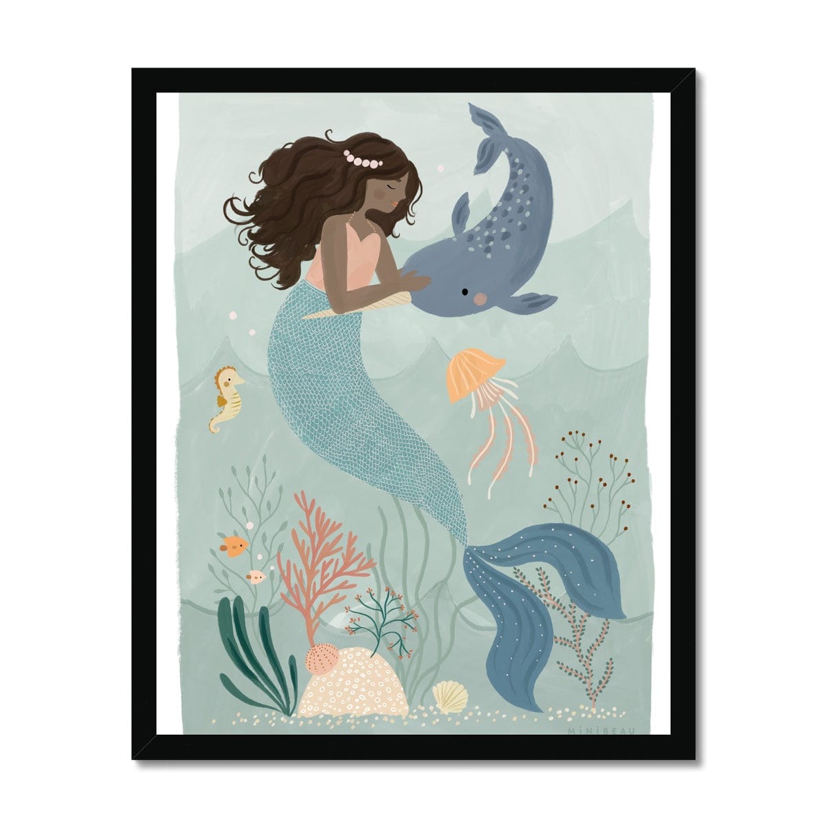 Picture of a hand-painted picture depicting Pearl the Mermaid petting a Narwhal at the bottom of the sea. Coral has dark hair and wears an orange top and her tail is a deep teal. She is wearing a pearl headband. In the background are 2 small angel fish, a sea horse and a jellyfish amongst sea foliage with a white border in a black frame