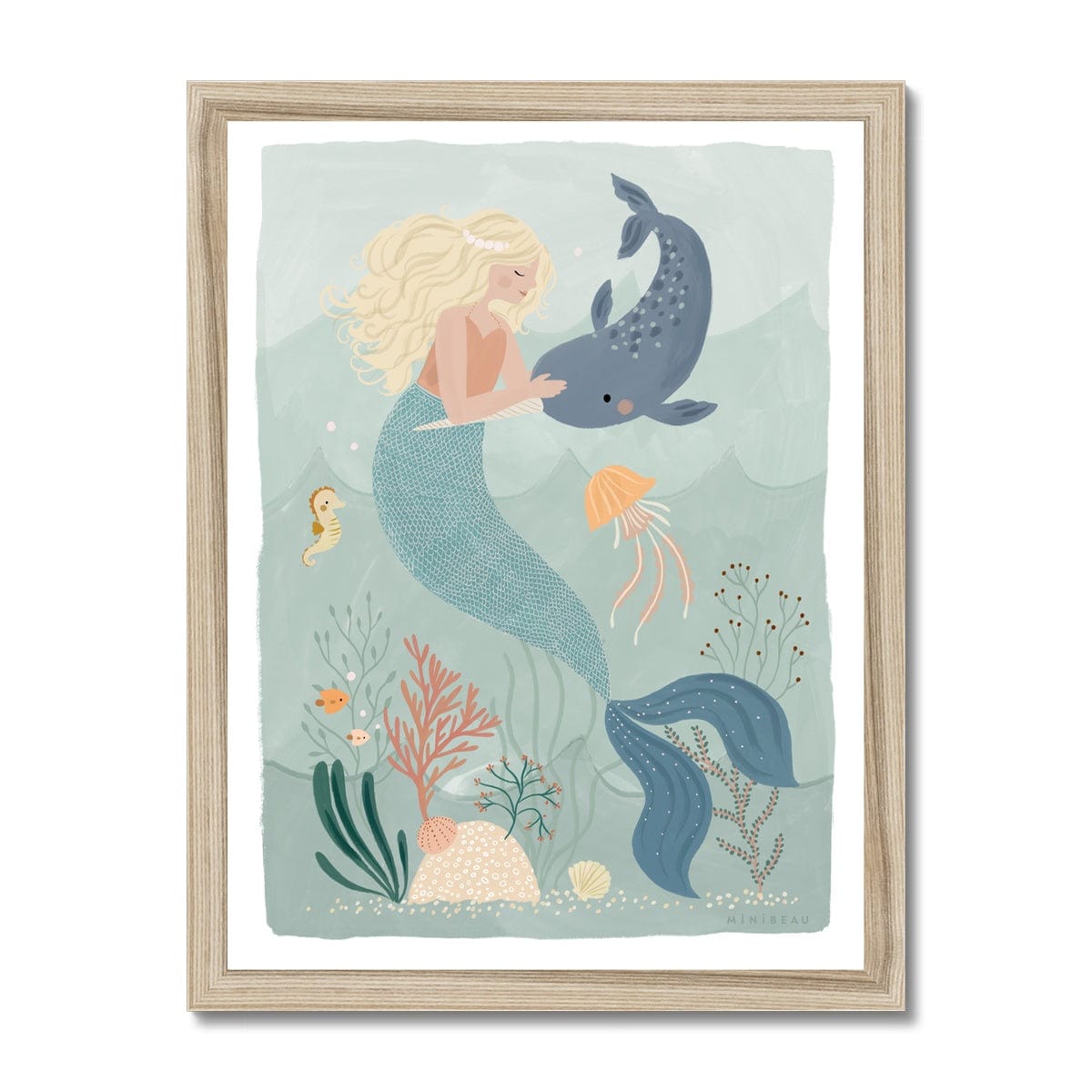 Picture of a hand-painted picture depicting Coral the Mermaid petting a Narwhal at the bottom of the sea. Coral is blonde and wearing an orange top and her tail is a deep teal. She is wearing a pearl headband. In the background are 2 small angel fish, a sea horse and a jellyfish amongst sea foliage with a white border in a natural wood frame