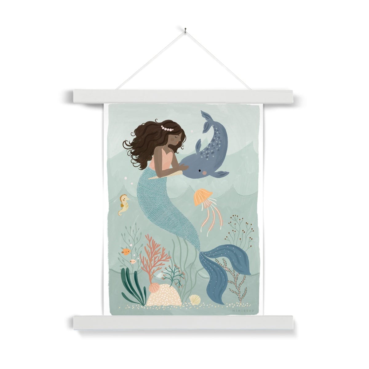 Picture of a hand-painted picture depicting Pearl the Mermaid petting a Narwhal at the bottom of the sea. Coral has dark hair and wears an orange top and her tail is a deep teal. She is wearing a pearl headband. In the background are 2 small angel fish, a sea horse and a jellyfish amongst sea foliage with a white border in a white hanger hanging from a nail