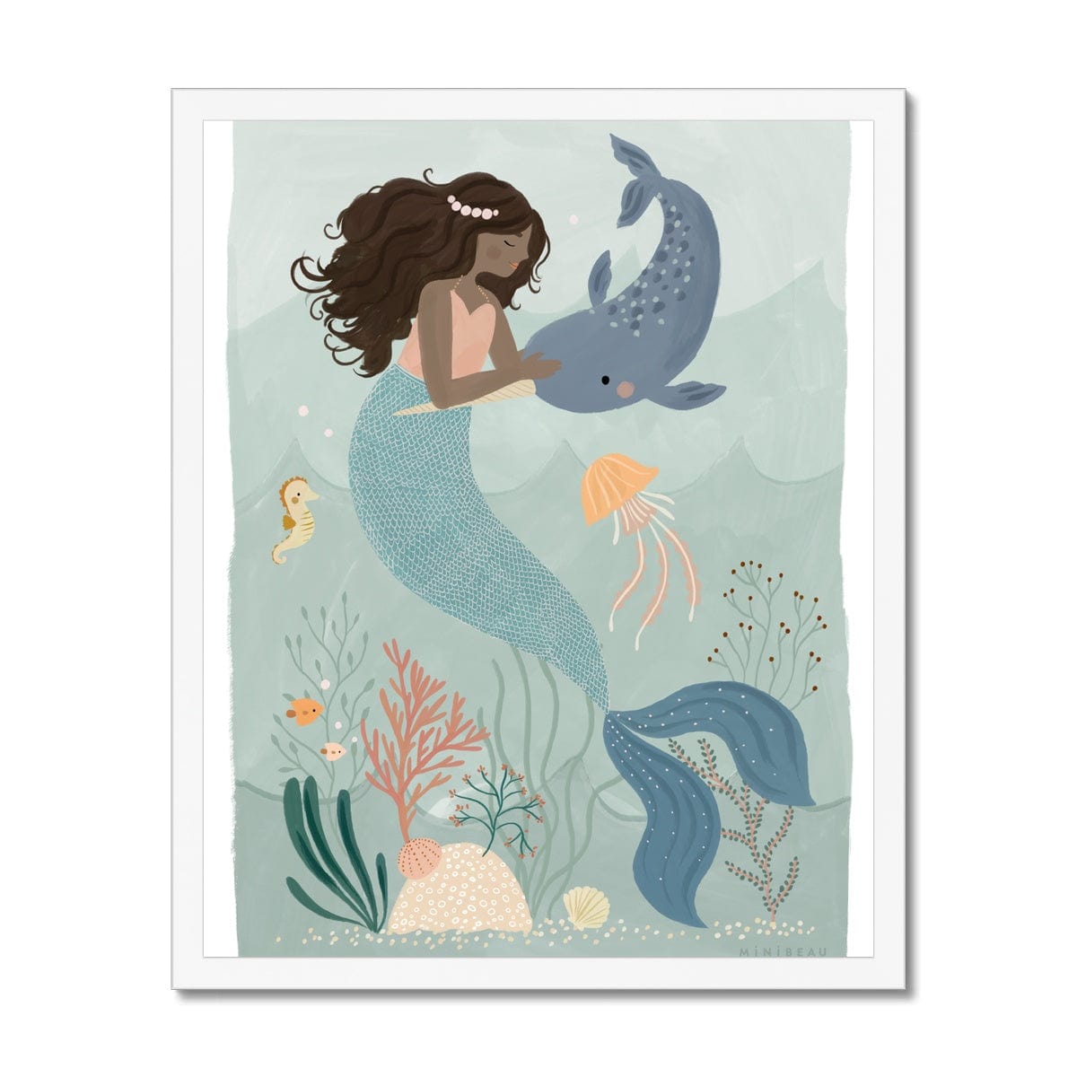 Picture of a hand-painted picture depicting Pearl the Mermaid petting a Narwhal at the bottom of the sea. Coral has dark hair and wears an orange top and her tail is a deep teal. She is wearing a pearl headband. In the background are 2 small angel fish, a sea horse and a jellyfish amongst sea foliage with a white border in a white wooden frame