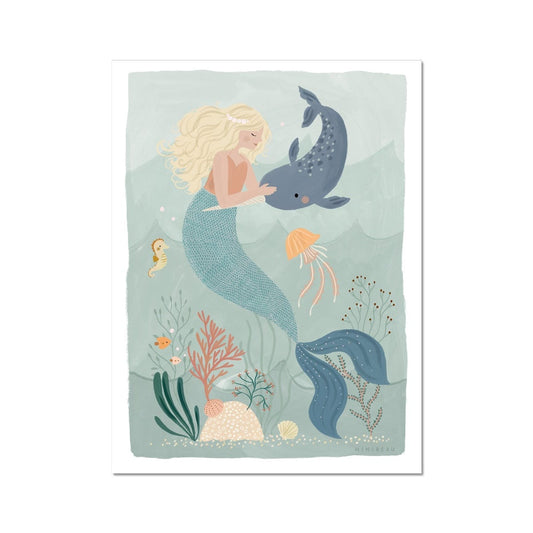 Picture of a hand-painted picture depicting Coral the Mermaid petting a Narwhal at the bottom of the sea. Coral is blonde and wearing an orange top and her tail is a deep teal. She is wearing a pearl headband. In the background are 2 small angel fish, a sea horse and a jellyfish amongst sea foliage with a white border