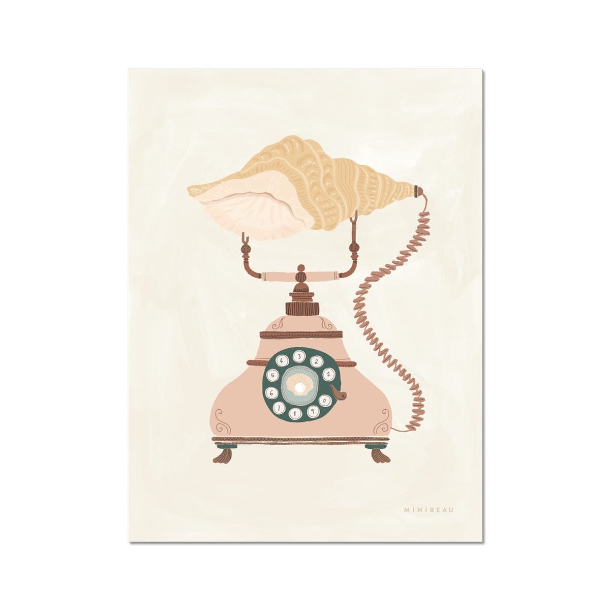 Image showing our hand-drawn Ocean Calling Kids Art Print featuring an ornate vintage phone in neutral pink and bronze tones with a green dial and a conch shell handset, all on a water colour neutral background