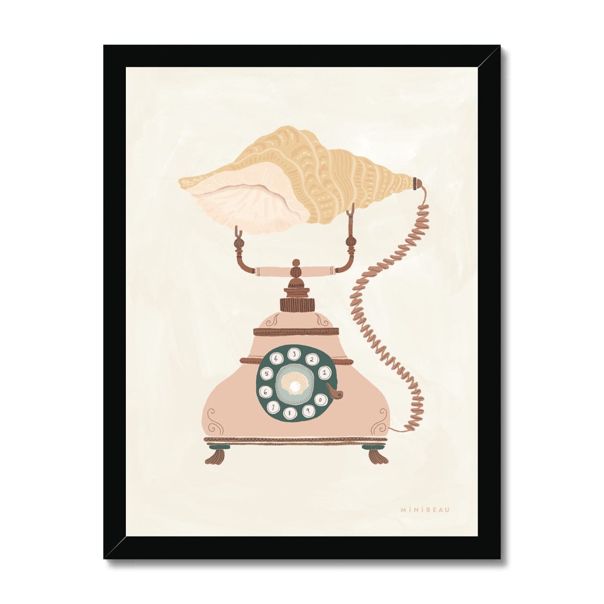 Image showing our hand-drawn Ocean Calling Kids Art Print featuring an ornate vintage phone in neutral pink and bronze tones with a green dial and a conch shell handset, all on a water colour neutral background in a black frame