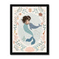 Beautiful dark skinned and haired mermaid with a pearl headband petting her friend Narwhal within a pale teal coloured oval background with white dots round the edge. On the outside of the oval is a sea themed border on a neutral background. The border consists of foliage, flowers and items you would find at the bottom of the sea, shells, turtle, sea horse with a large clam shell at the bottom, in a black frame