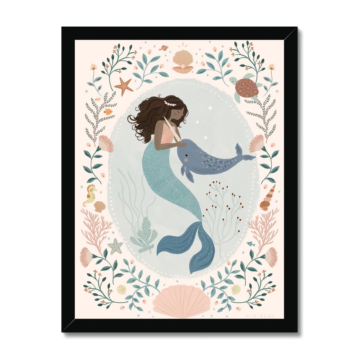 Fine art 6"x8" / Black Frame Pearl & the Narwhal Art Print - Sea Foliage Frame - Personalisable