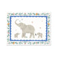 Our Pretty Serengeti kids art print featuring a family of hand-painted elephants, an adult and 2 cubs, one holding the adults tail. The adult elephant is spraying a few pink and blue flowers up in the air with their trunk. Surrounded by a blue scalloped border and a floral decorative frame featuring pink and orange flowers on a white background