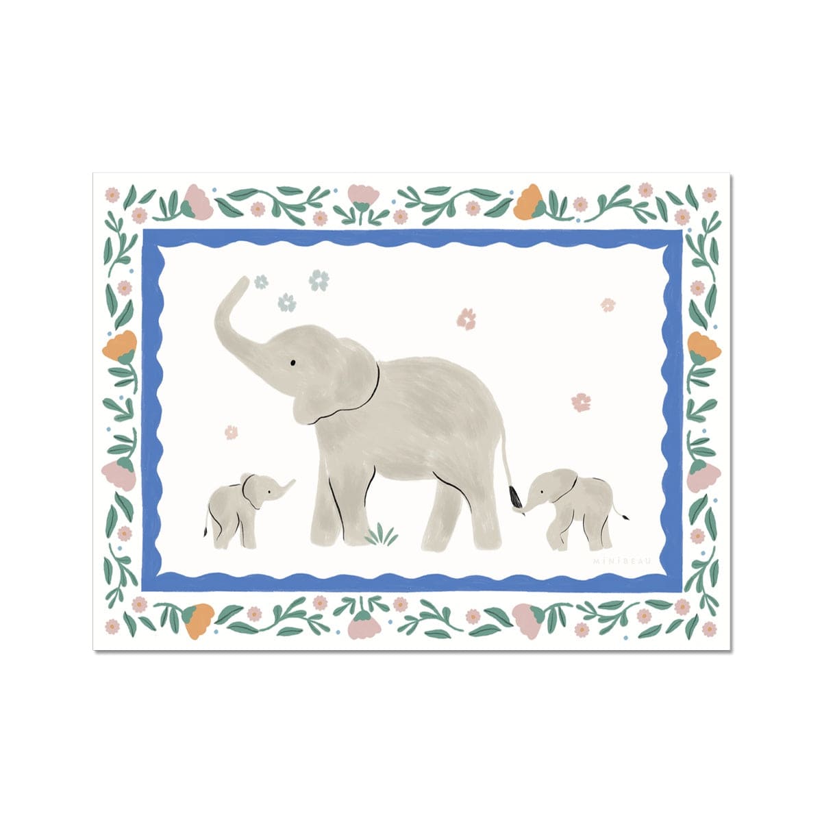 Our Pretty Serengeti kids art print featuring a family of hand-painted elephants, an adult and 2 cubs, one holding the adults tail. The adult elephant is spraying a few pink and blue flowers up in the air with their trunk. Surrounded by a blue scalloped border and a floral decorative frame featuring pink and orange flowers on a white background