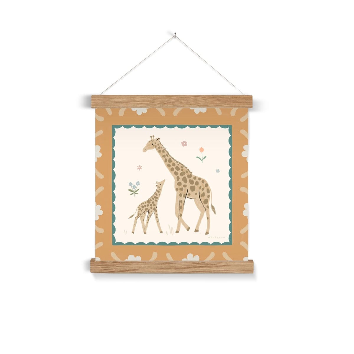 Our pretty Serengeti Giraffe art print is square and features and adult and baby giraffe. facing each other with the baby looking up and the grown up, on a neutral background with some simple flower. The print is bordered with thing green scallops and a thick yellow border featuring white flowers hanging from a nail in a natural wooden hanger
