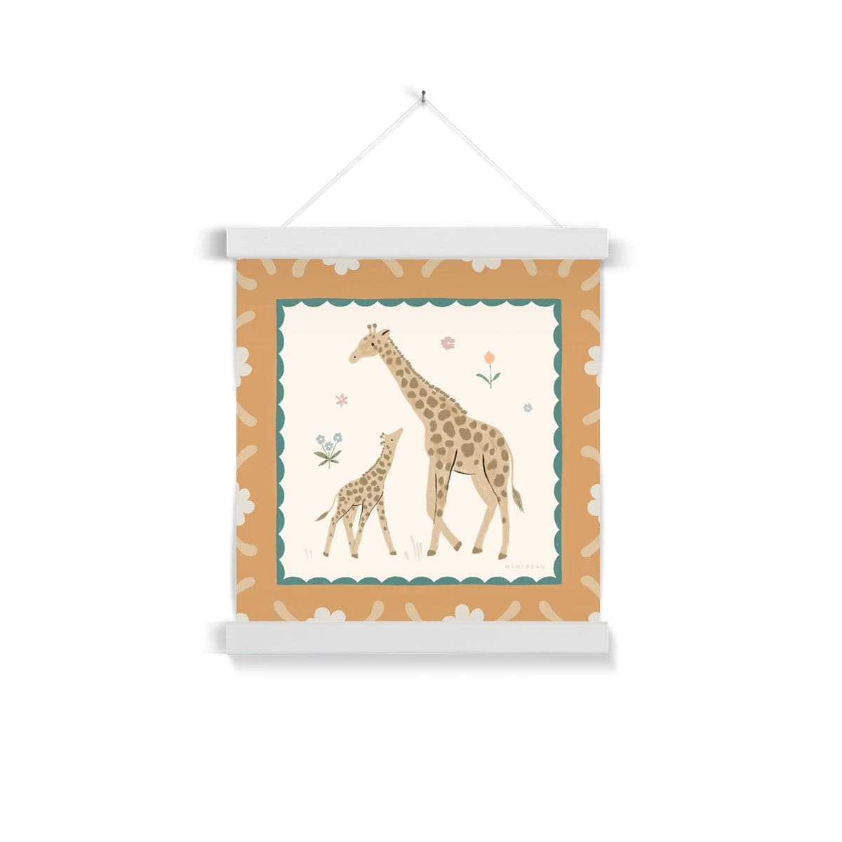 Our pretty Serengeti Giraffe art print is square and features and adult and baby giraffe. facing each other with the baby looking up and the grown up, on a neutral background with some simple flower. The print is bordered with thing green scallops and a thick yellow border featuring white flowers hanging from a nail in a white wooden hanger