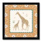Our pretty Serengeti Giraffe art print is square and features and adult and baby giraffe. facing each other with the baby looking up and the grown up, on a neutral background with some simple flower. The print is bordered with thing green scallops and a thick yellow border featuring white flowers in a black frame