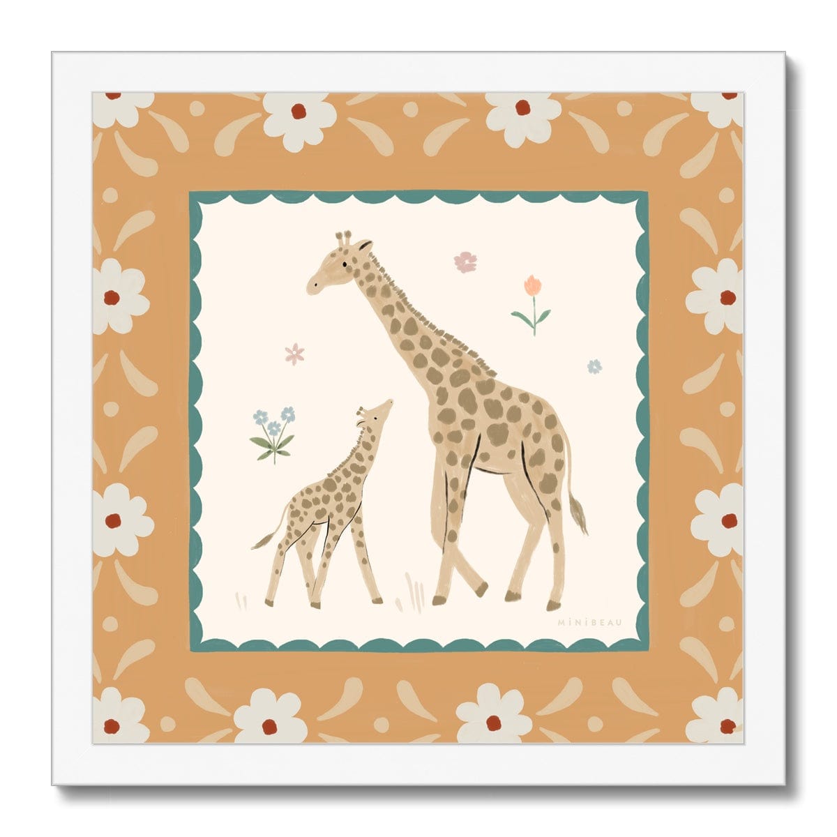 Our pretty Serengeti Giraffe art print is square and features and adult and baby giraffe. facing each other with the baby looking up and the grown up, on a neutral background with some simple flower. The print is bordered with thing green scallops and a thick yellow border featuring white flowers in a white frame
