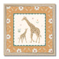 Our pretty Serengeti Giraffe art print is square and features and adult and baby giraffe. facing each other with the baby looking up and the grown up, on a neutral background with some simple flower. The print is bordered with thing green scallops and a thick yellow border featuring white flowers in a natural wood frame