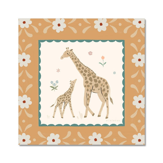 Our pretty Serengeti Giraffe art print is square and features and adult and baby giraffe. facing each other with the baby looking up and the grown up, on a neutral background with some simple flower. The print is bordered with thing green scallops and a thick yellow border featuring white flowers