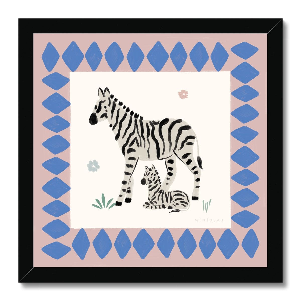 Hand-painted square picture of an adult and baby zebra, with the baby laying slightly under the standing adult both looking out into the same direction. 2 simple small flowers. are in the background, one pink, one blue, with 2 tufts of grass one at the front and one at the back of the giraffe. Around the zebras is a wide dusty pink border with blue diamonds in a black frame