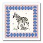 Hand-painted square picture of an adult and baby zebra, with the baby laying slightly under the standing adult both looking out into the same direction. 2 simple small flowers. are in the background, one pink, one blue, with 2 tufts of grass one at the front and one at the back of the giraffe. Around the zebras is a wide dusty pink border with blue diamonds in a white frame