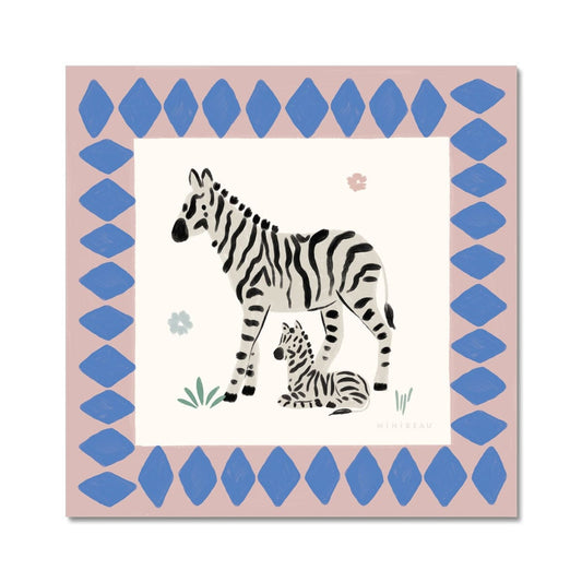 Hand-painted square picture of an adult and baby zebra, with the baby laying slightly under the standing adult  both looking out into the same direction. 2 simple small flowers. are in the background, one pink, one blue, with 2 tufts of grass one at the front and one at the back of the giraffe. Around the zebras is a wide dusty pink border with blue diamonds