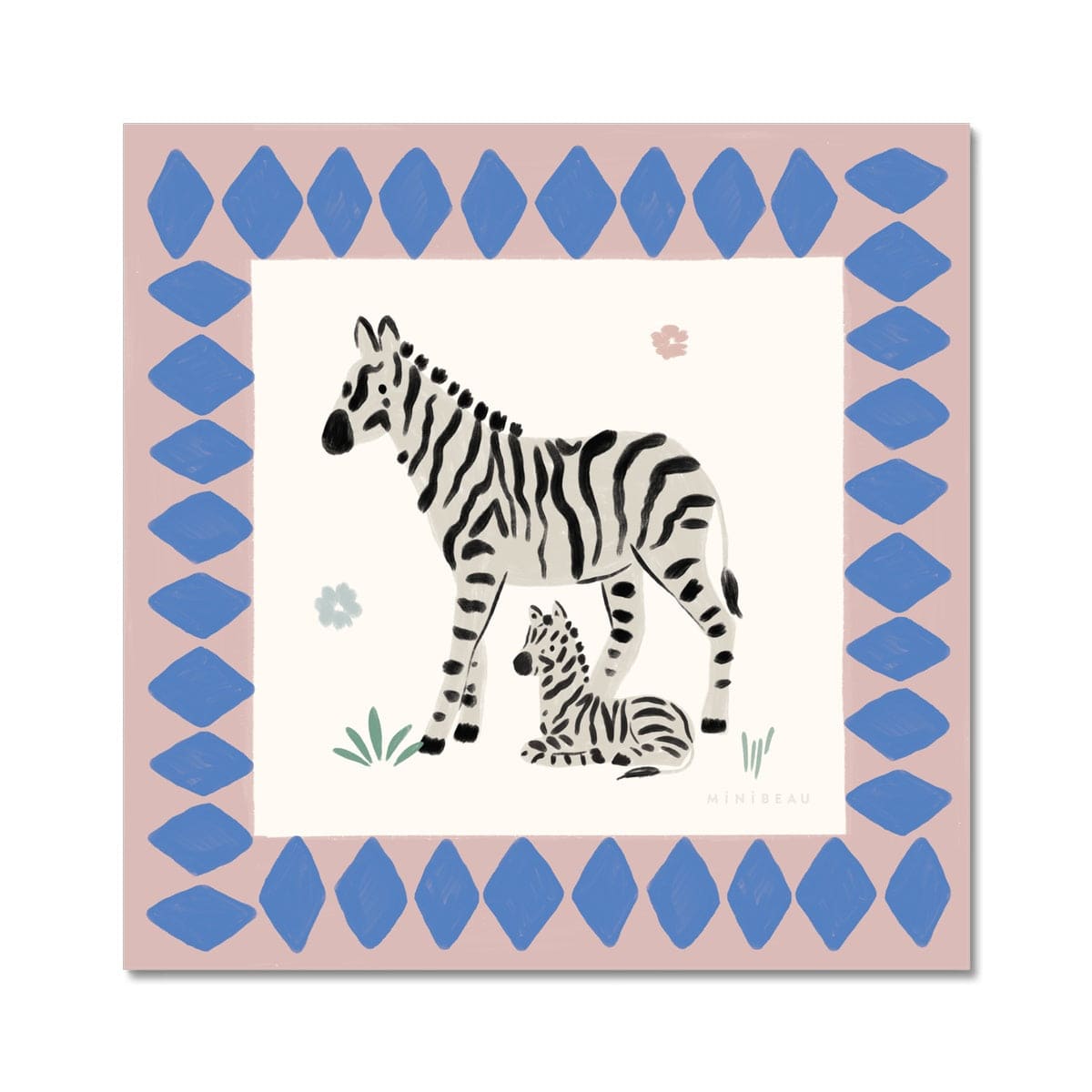 Hand-painted square picture of an adult and baby zebra, with the baby laying slightly under the standing adult both looking out into the same direction. 2 simple small flowers. are in the background, one pink, one blue, with 2 tufts of grass one at the front and one at the back of the giraffe. Around the zebras is a wide dusty pink border with blue diamonds