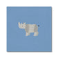 A blue sqaure art print with a grey rhino in the middle