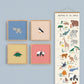 Image of a gallery wall made up of our square safari art prints, puffin, rhino, dino, and panda in natural wood frames on a sky blue wall with our animals of the world height chart