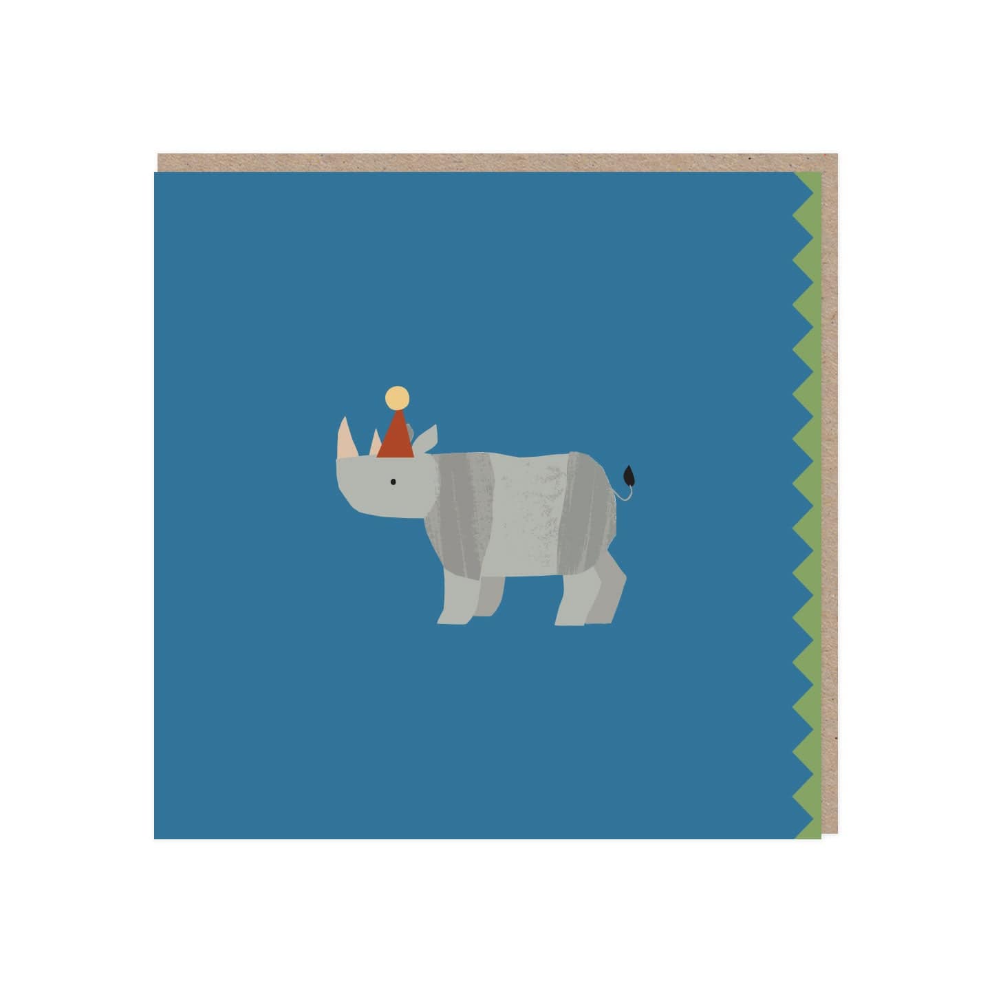 Square greetings card. Blue background with a rhino standing in the middle wearing a brown party hat with a yellow pom pom. A zigzag edge in green is on the right/open side. Comes with a brown kraft envelope