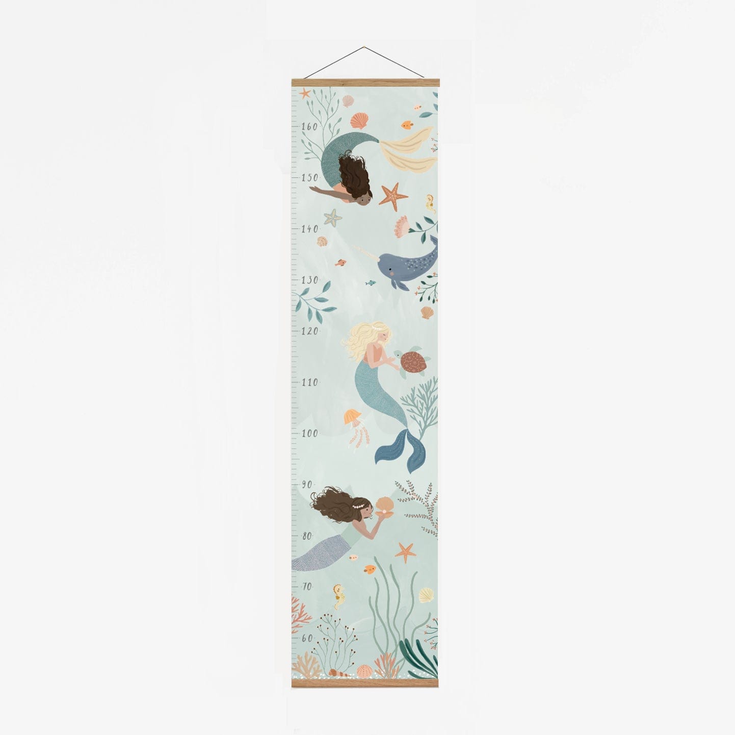 Full length photo of the mermaid height chart, showing the oak hanger at the top and bottom. Height chart features 3 mermaids, a turtle, fish, star fish, a jellyfish among foliage.