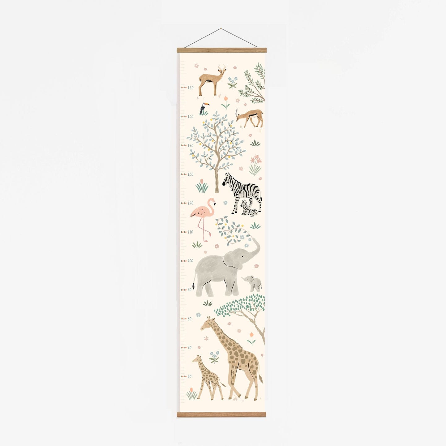 Serengeti height chart in oak hanger. Print features animals with their babies, a giraffe, elephant, zebra and deer and in painted detail with commiphora trees, flowers and a flamingo and toucan
