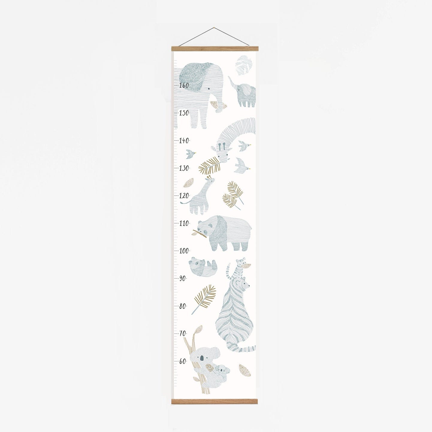 Height chart of delicate line work animals in blue such as mummy and baby elephants, mummy and baby pandas and mummy and baby koalas, tigers, elephants and giraffes on a neutral background with fir leaf detail