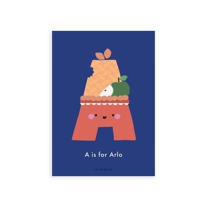 Personalised Happy Alphabet Art Print  - A in the shape of a bitten apple.