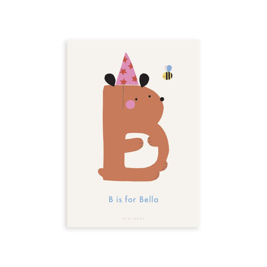 Personalised Happy Alphabet B in the shape of a bear wearing a party hat and a bee.  Cream Background.