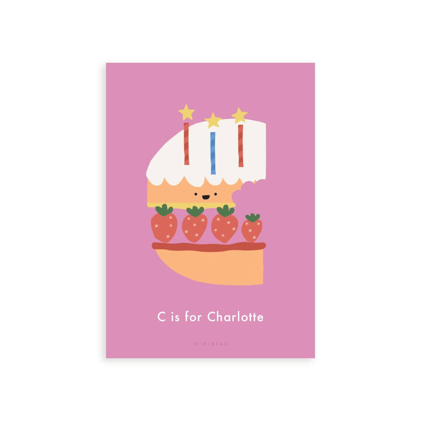Personalised Happy Alphabet C in the shape of a cake with candles and strawberries. Pink Background