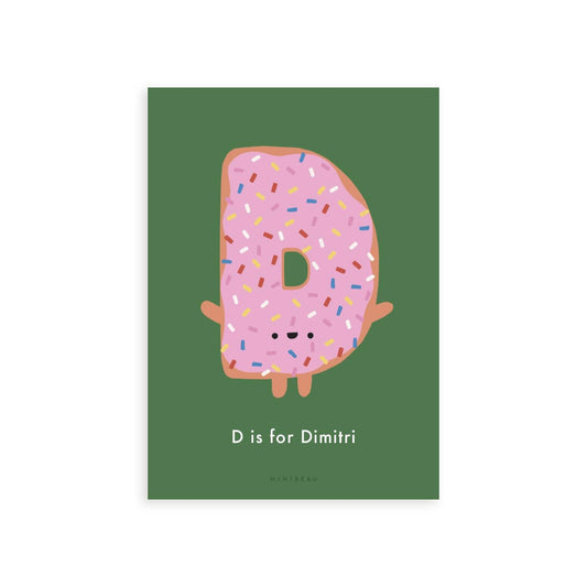 Personalised Happy Alphabet D in the shape of a Doughnut with red, white, blue, yellow and pink sprinkles. Green Background.