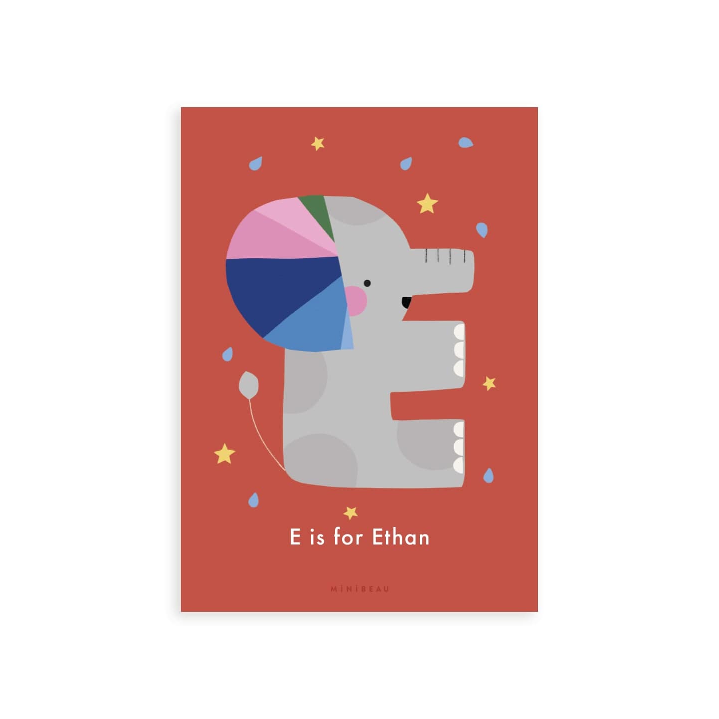 Personalised Happy Alphabet E in the shape of a Grey Elephant with multicoloured ears. Red Background with yellow stars.