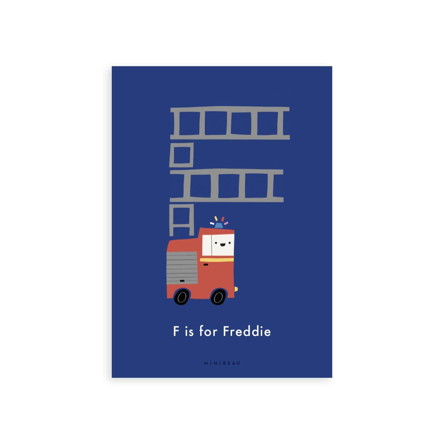 Personalised Happy Alphabet F in the shape of a red fire engine with its ladders ascending making the letter F. Blue Background.