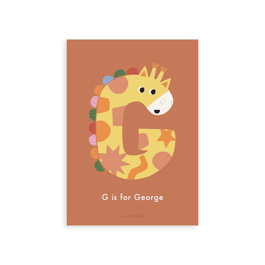 Personalised Happy Alphabet G in the shape of a Giraffe. Deep orange background.