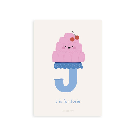 Personalised Happy Alphabet J in the shape of Jelly with cherries on top. Cream Background.