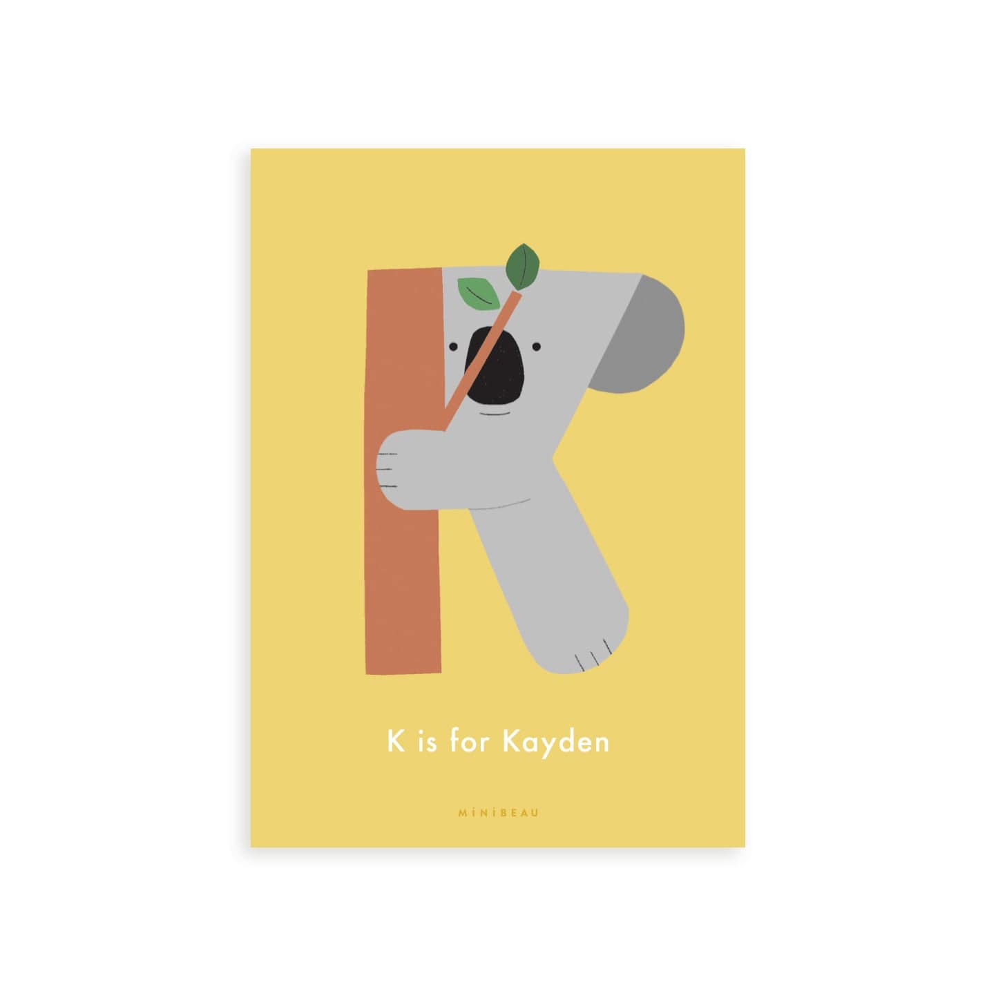 Personalised Happy Alphabet K in the shape of a Grey Koala bear hugging a tree. Yellow Background.
