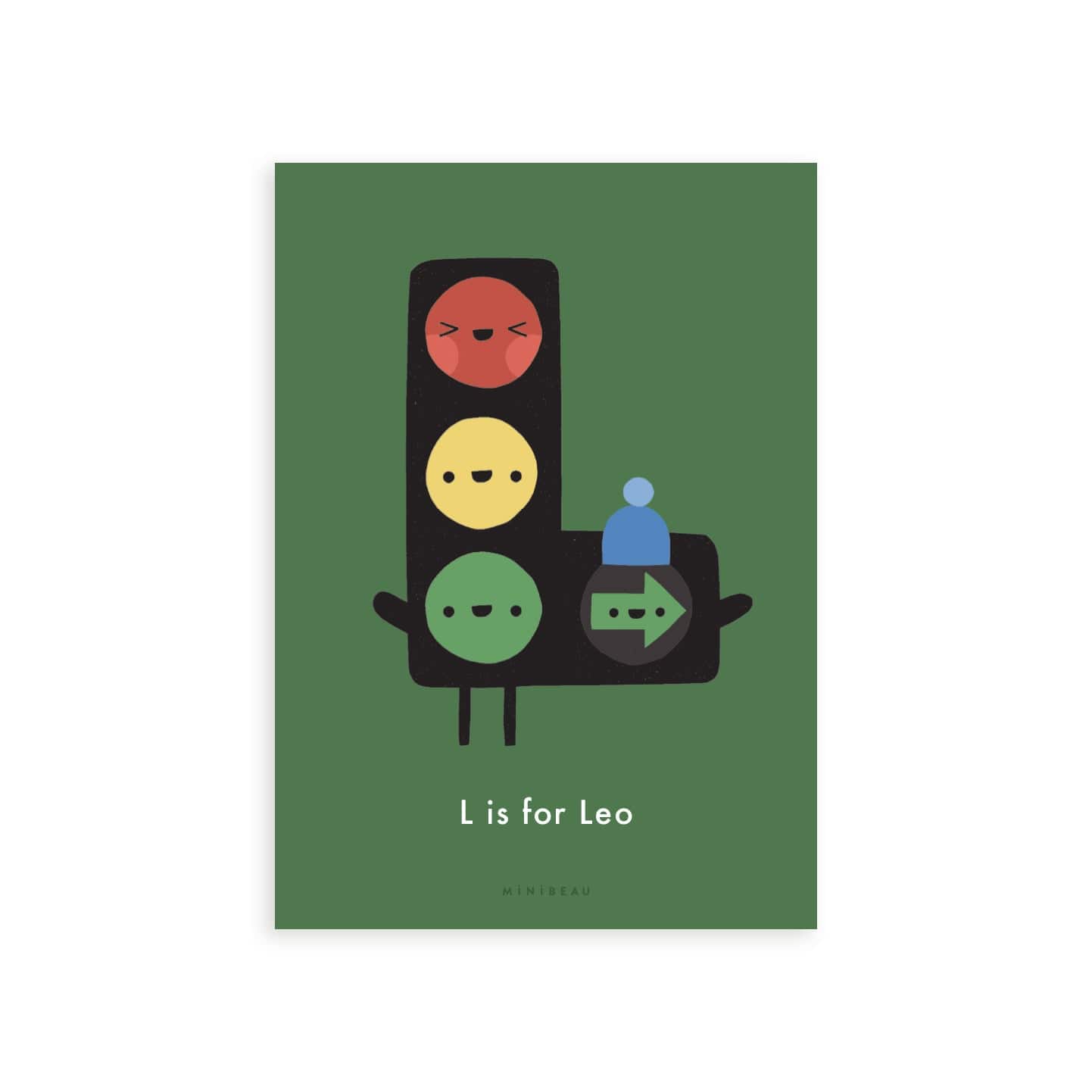 Personalised Happy Alphabet L in the shape of traffic lights. Happy Red, Amber and Green faces. Green Background.