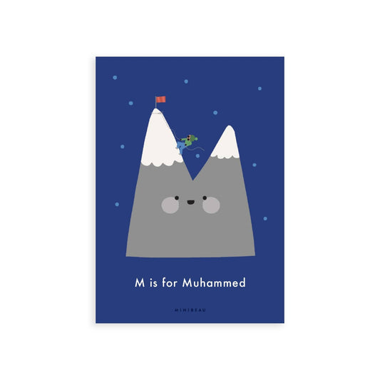 Personalised Happy Alphabet M in the shape of a snowy peaked Mountain with a little mountaineer climbing up the side. Blue Background.
